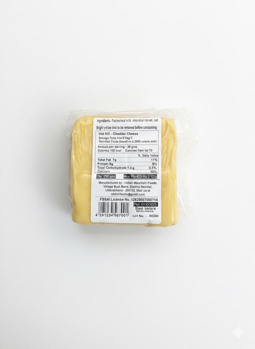 Cheddar Cheese | 100% Natural - Pasteurized – No Added Preservatives - Old Hill – 200gm