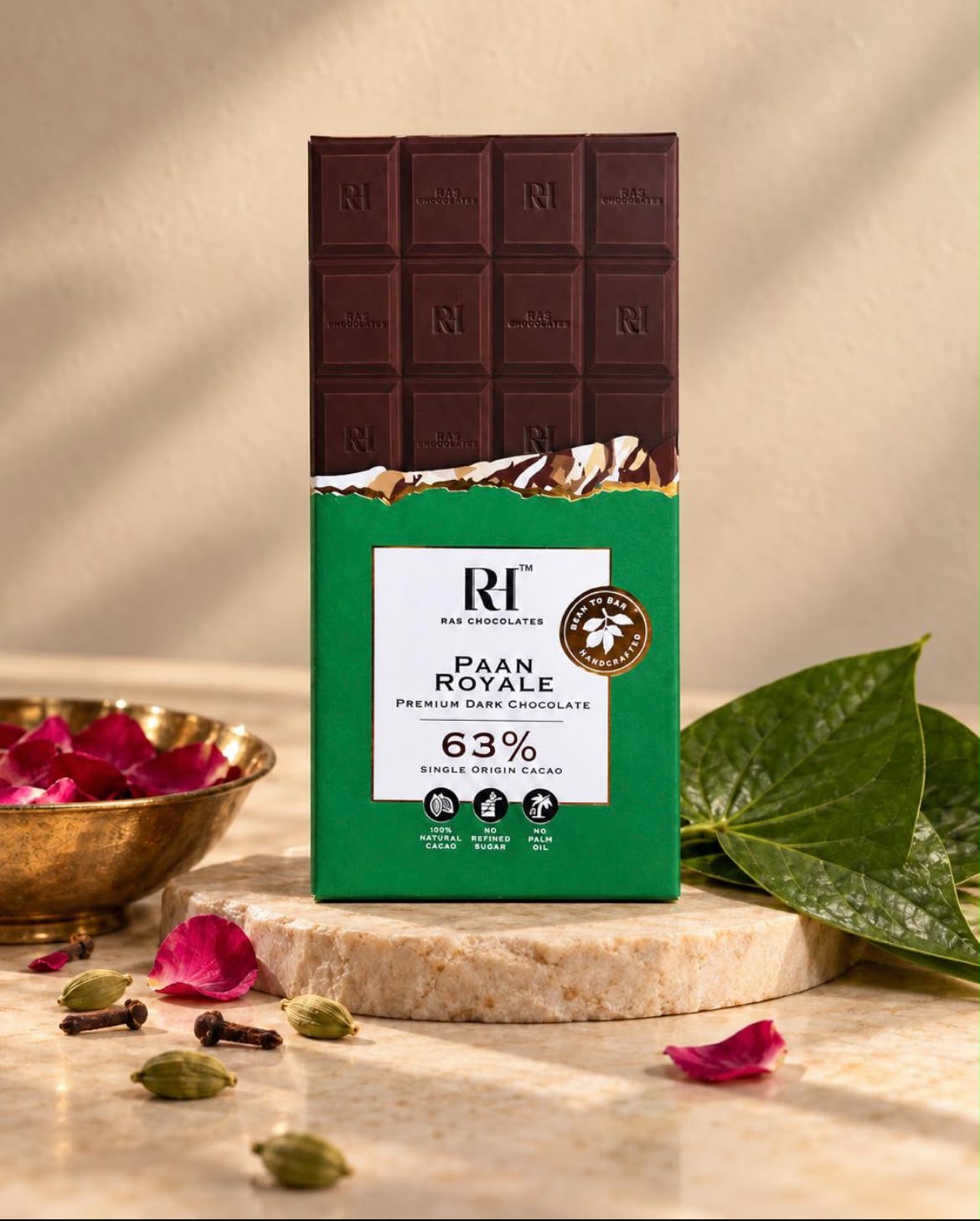 Chocolate | Paan Royale Chocolate - 63% Single Origin Cacao - Bean To Bar - Handcrafted - 100% Natural Cacao - No Refined Sugar &amp; No Palm Oil - Ras Chocolate - 80gm