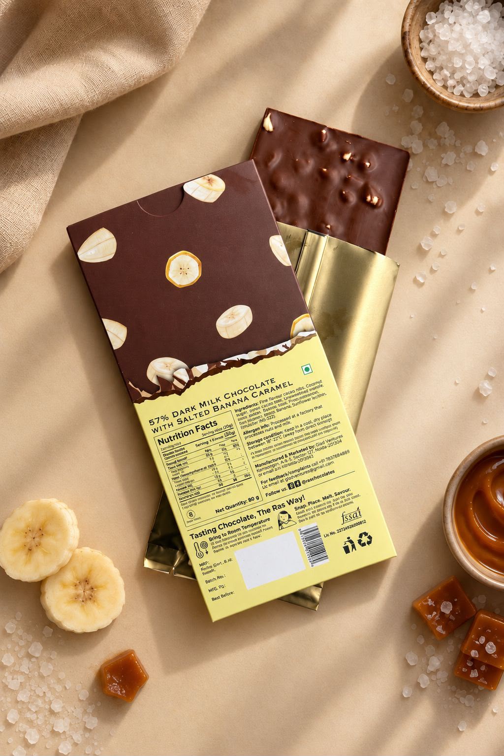 Chocolate | Salted Banana Caramel - 57% Single Origin Cacao - Bean To Bar - Handcrafted - 100% Natural Cacao - No Refined Sugar &amp; No Palm Oil - Ras Chocolate - 80gm