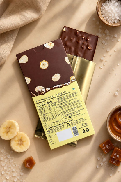 Chocolate | Salted Banana Caramel - 57% Single Origin Cacao - Bean To Bar - Handcrafted - 100% Natural Cacao - No Refined Sugar &amp; No Palm Oil - Ras Chocolate - 80gm