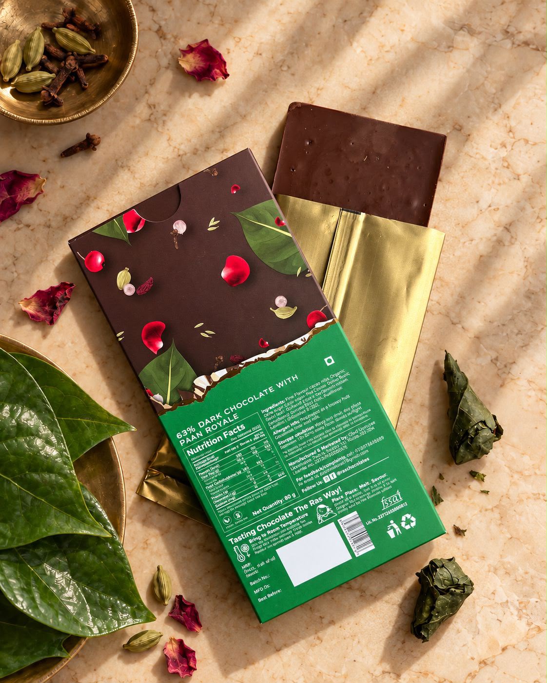 Chocolate | Paan Royale Chocolate - 63% Single Origin Cacao - Bean To Bar - Handcrafted - 100% Natural Cacao - No Refined Sugar &amp; No Palm Oil - Ras Chocolate - 80gm