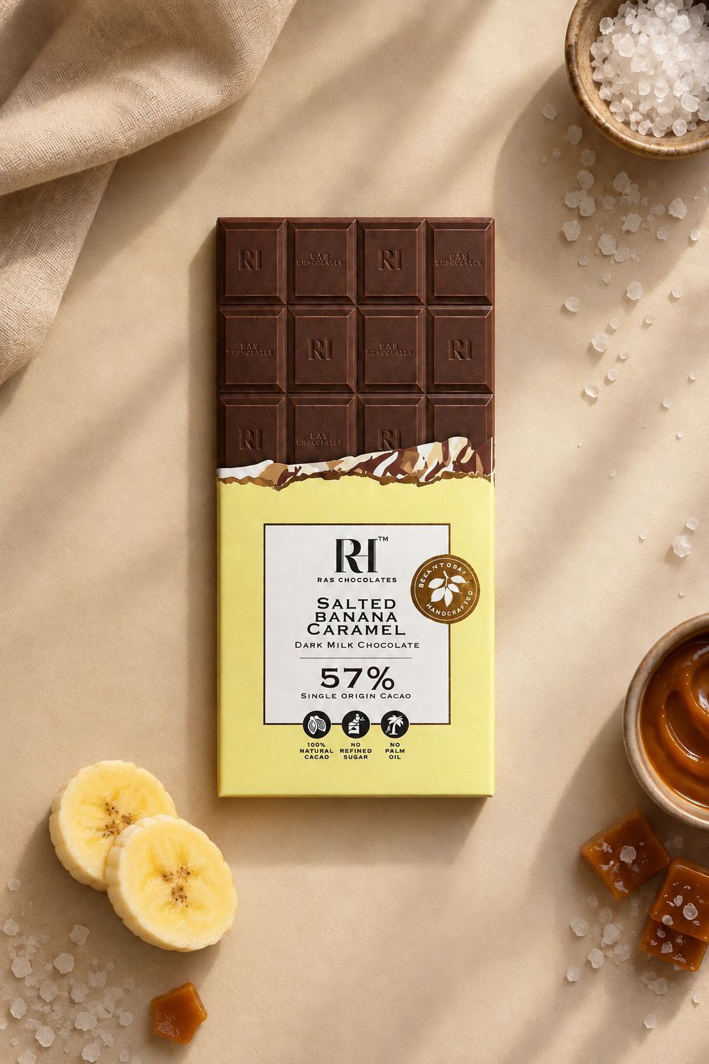 Chocolate | Salted Banana Caramel - 57% Single Origin Cacao - Bean To Bar - Handcrafted - 100% Natural Cacao - No Refined Sugar &amp; No Palm Oil - Ras Chocolate - 80gm
