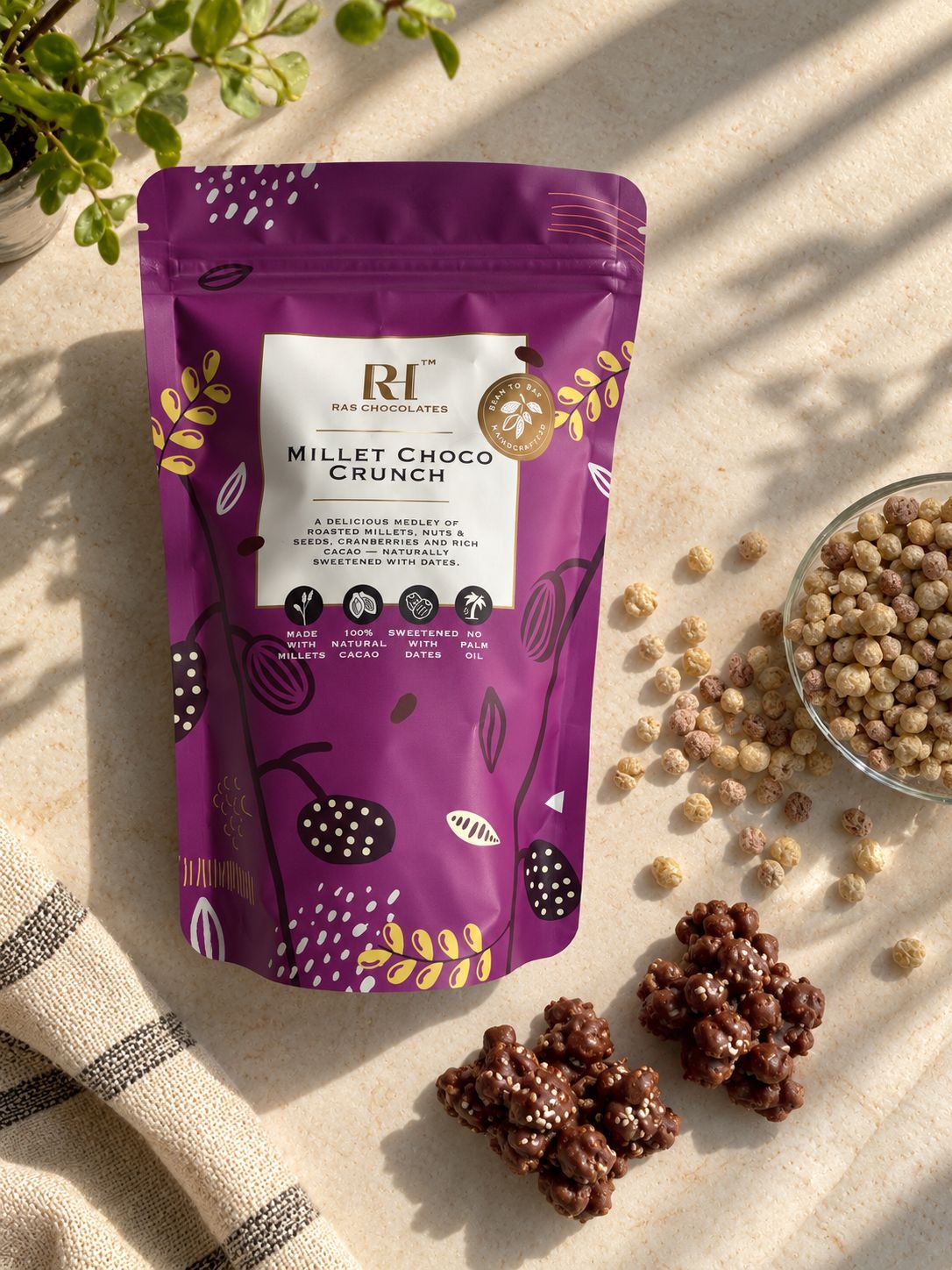 Millet Choco Crunch- Made With Millet - 100% Natural Cacao -Sweetened with Dates - No Refined Sugar &amp; No Palm Oil - Ras Chocolate - 100gm