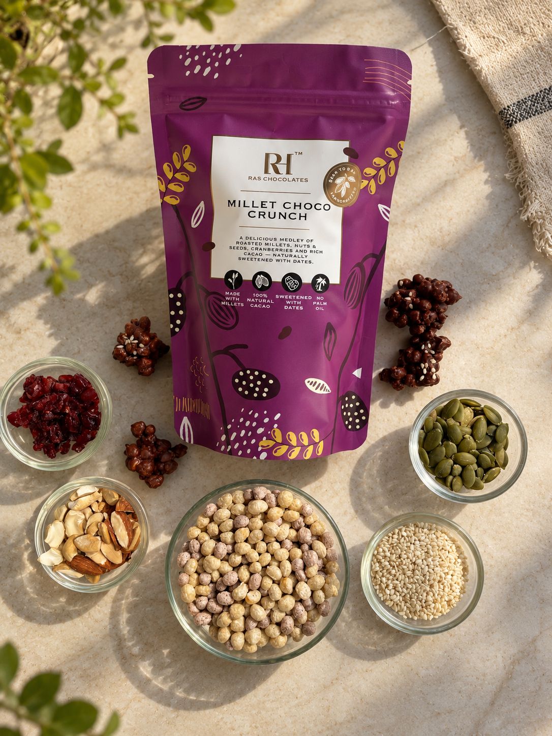 Millet Choco Crunch- Made With Millet - 100% Natural Cacao -Sweetened with Dates - No Refined Sugar &amp; No Palm Oil - Ras Chocolate - 100gm