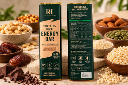 Bar | Protein-Rich Energy Bars - 5.2g Protein Per Bar-54% Dark Chocolate -Plant Protein- Handcrafted - 100% Natural Cacao -No preservatives, No Refined Sugar  - Ras Chocolate - 40gm