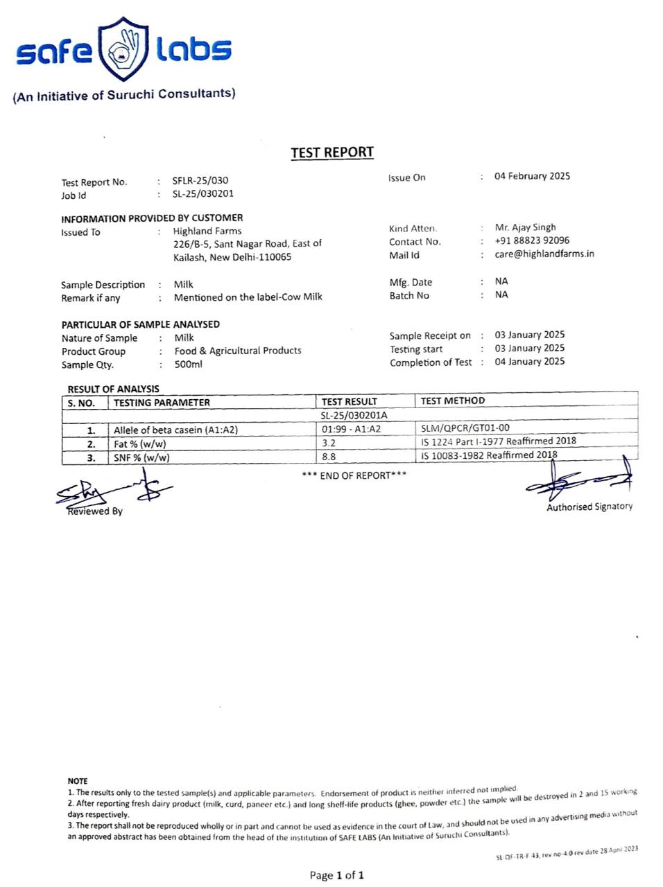 A2 Cow Milk Test Report