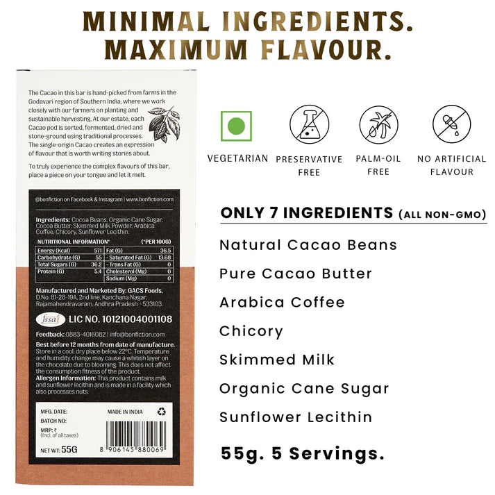 Milk Chocolate | When Coffee Met Cacao - 55% Dark Milk Coffee Chocolate - Tree To Bar - Single Origin – 100% Natural – Vegan, Gluten Free, Palm Oil Free, Non GMO, No Artificial Flavour &amp; No Added Preservatives – Bon-Fiction – 55gm