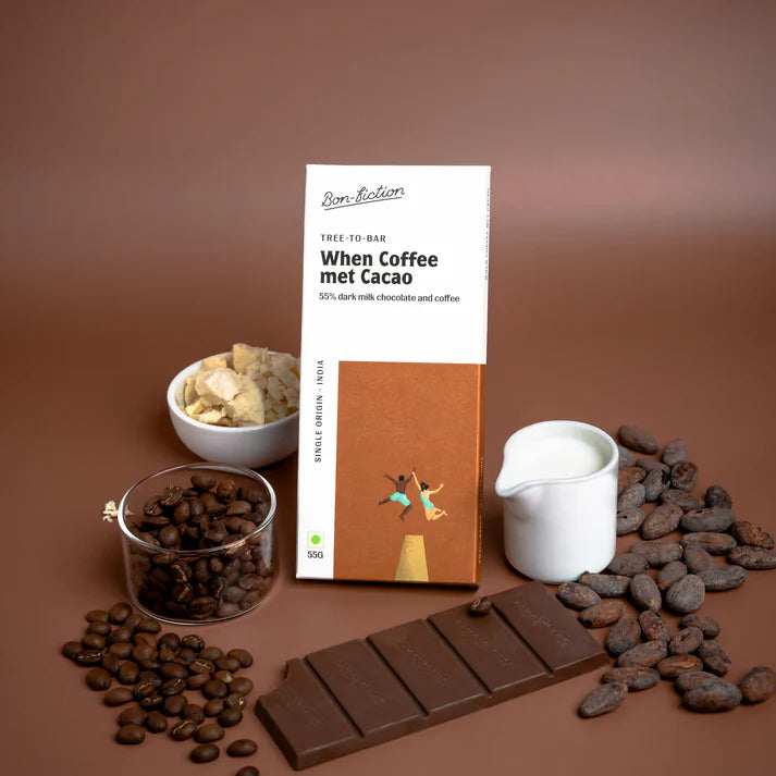 Milk Chocolate | When Coffee Met Cacao - 55% Dark Milk Coffee Chocolate - Tree To Bar - Single Origin – 100% Natural – Vegan, Gluten Free, Palm Oil Free, Non GMO, No Artificial Flavour &amp; No Added Preservatives – Bon-Fiction – 55gm