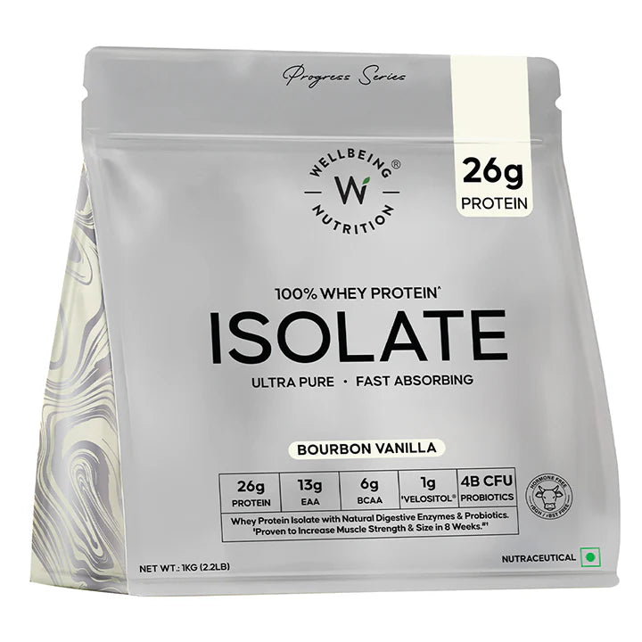 Protein Powder | Whey Protein Isolate 26gm Protein - 4B CFU Probiotics (Bourbon Vanilla) - Ultra Pure - Fast Absorbing - Gluten Free, No Gums, Thickner &amp; No Artificial Flavours And Sweetners - Wellbeing Nutrition - 1000gm