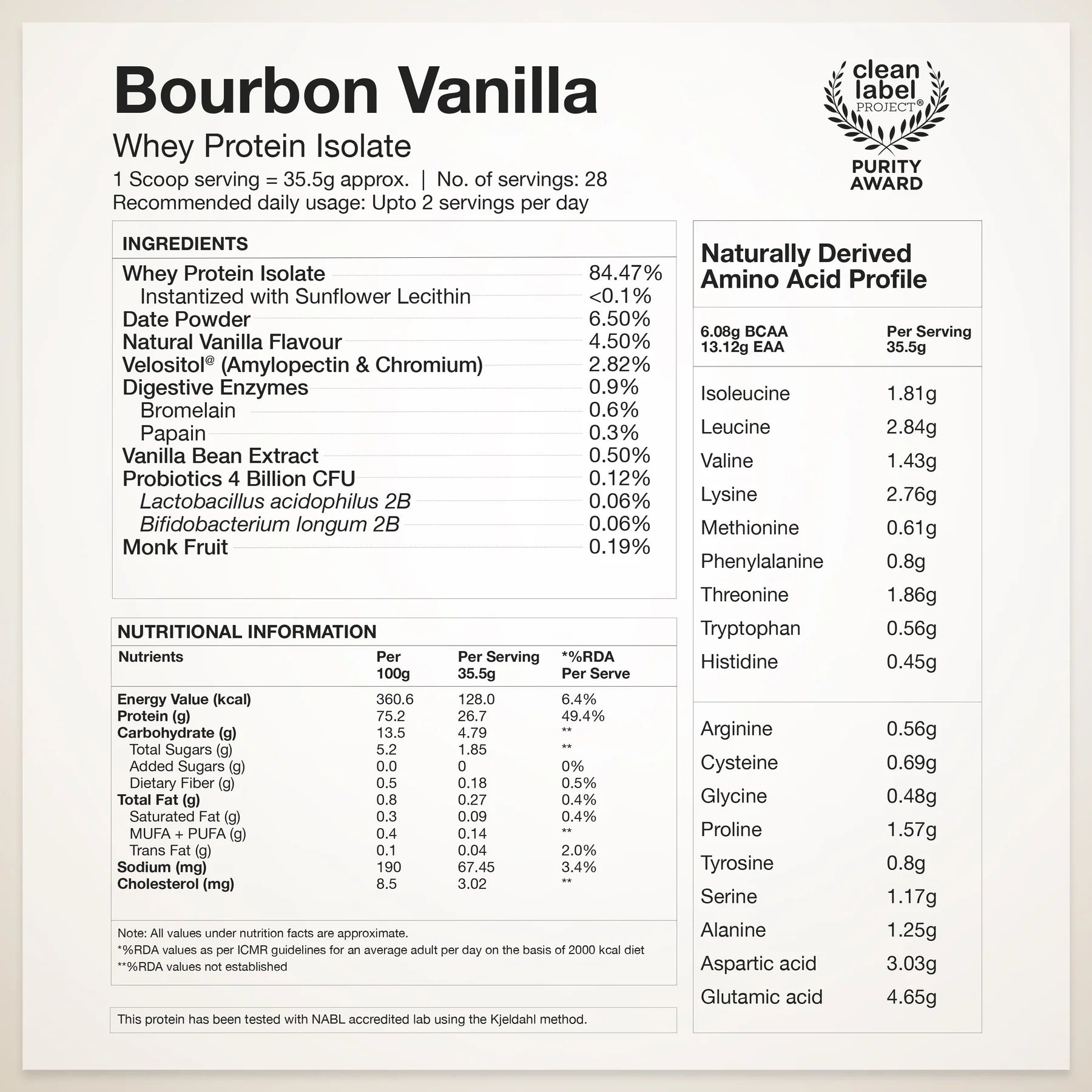 Protein Powder | Whey Protein Isolate 26gm Protein - 4B CFU Probiotics (Bourbon Vanilla) - Ultra Pure - Fast Absorbing - Gluten Free, No Gums, Thickner &amp; No Artificial Flavours And Sweetners - Wellbeing Nutrition - 1000gm
