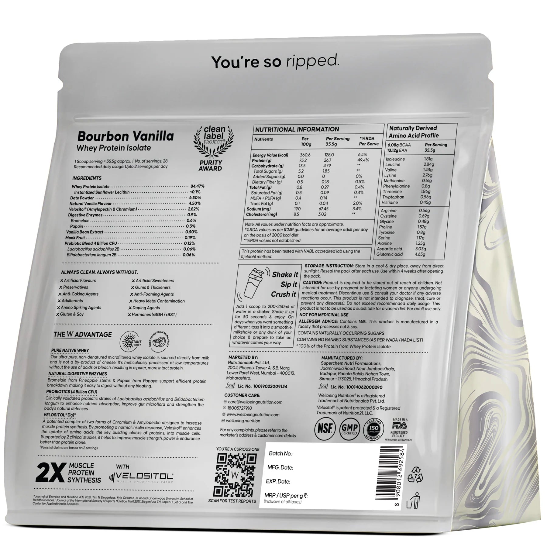 Protein Powder | Whey Protein Isolate 26gm Protein - 4B CFU Probiotics (Bourbon Vanilla) - Ultra Pure - Fast Absorbing - Gluten Free, No Gums, Thickner &amp; No Artificial Flavours And Sweetners - Wellbeing Nutrition - 1000gm