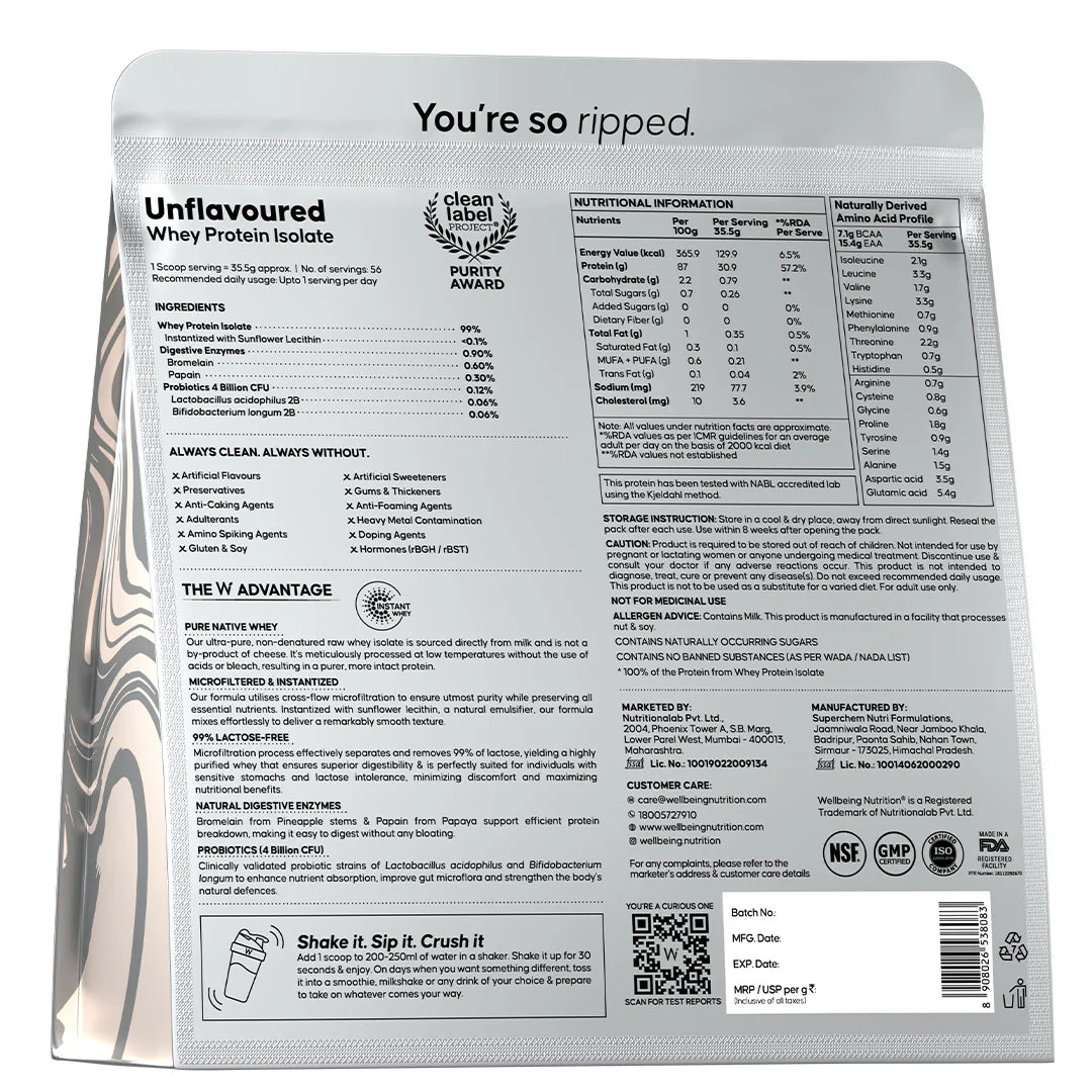 Protein Powder | Whey Protein Isolate – Unflavored – 31gm Protein – Gluten Free, Builds Lean Muscle Mass, Improves Strength &amp; Endurance, Increases Power Output, Accelerates Muscle Recovery &amp; Promotes Weight Management – Wellbeing Nutrition – 2000gm