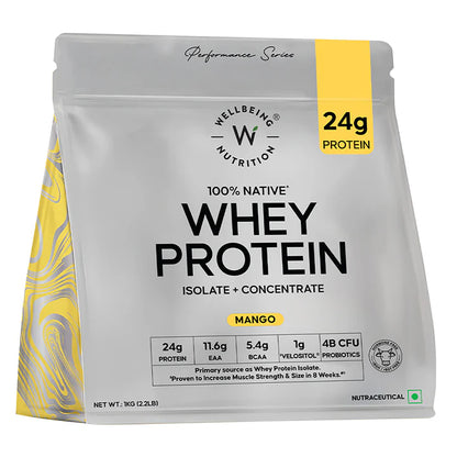 Protein Powder | Whey Protein Isolate + Concentrate 24g - 4B CFU Probiotics (Mango Flavoured) - Gluten Free, No Gums, Thickner &amp; No Artificial Flavours And Sweetners - Wellbeing Nutrition - 1000gm