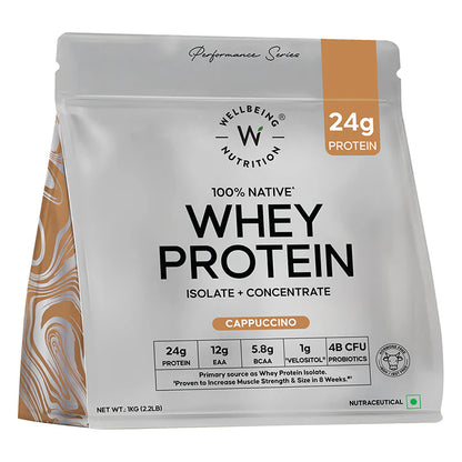 Protein Powder | Whey Protein Isolate + Concentrate 24g (Cappuccino) - Gluten Free, No Gums, Thickner &amp; No Artificial Flavours And Sweetners - Wellbeing Nutrition - 1000gm