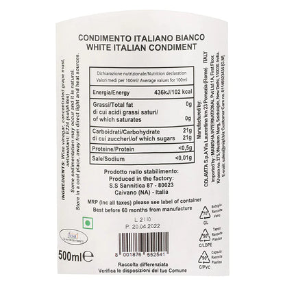White Italian Condiment Balsamic Vinegar - Italy Origin - Colavita - 500ml
