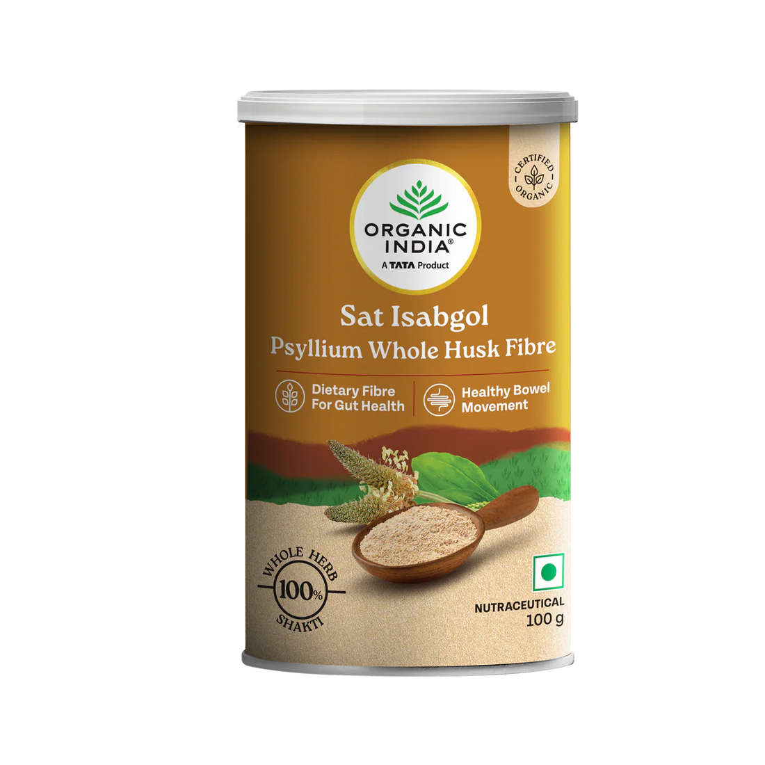 Psyllium Whole Husk Salt Isabgol -Gluten Free, 100% Plant Based - Herbal Supplements, Dietary Fibre For Gut Health, Healthy Bowel Movement -Organic India - 100gm