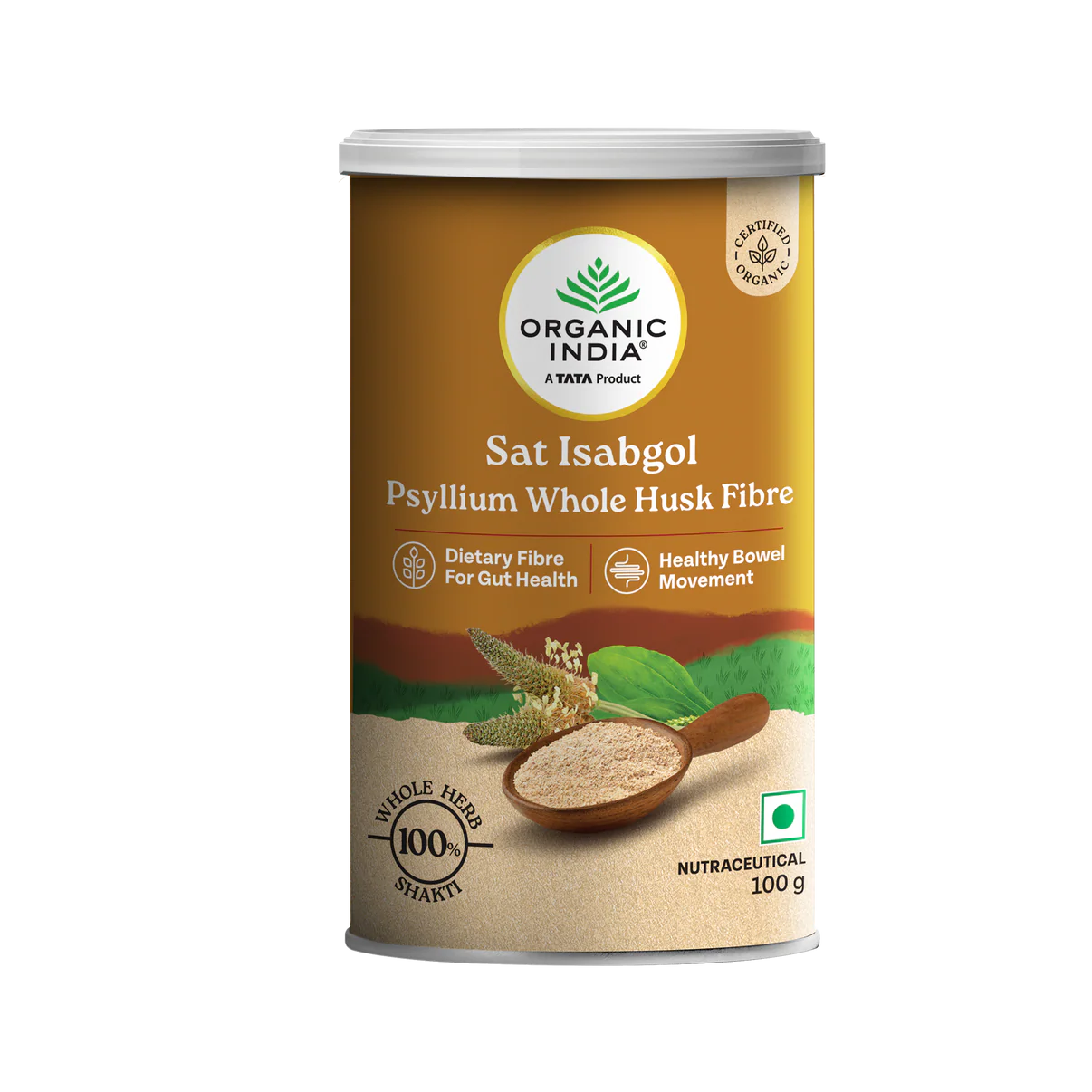 Psyllium Whole Husk Salt Isabgol -Gluten Free, 100% Plant Based - Herbal Supplements, Dietary Fibre For Gut Health, Healthy Bowel Movement -Organic India - 100gm