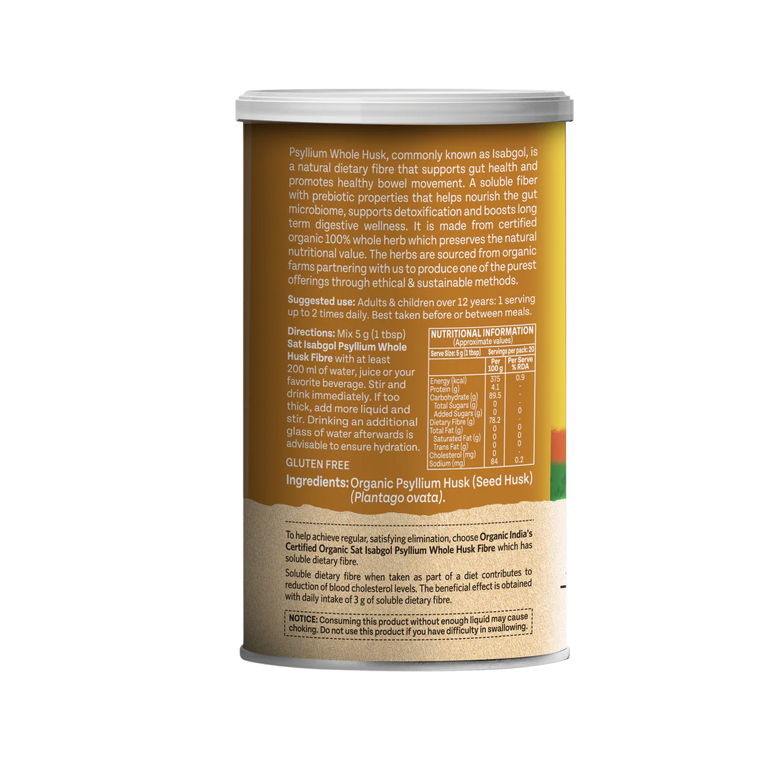 Psyllium Whole Husk Salt Isabgol -Gluten Free, 100% Plant Based - Herbal Supplements, Dietary Fibre For Gut Health, Healthy Bowel Movement -Organic India - 100gm