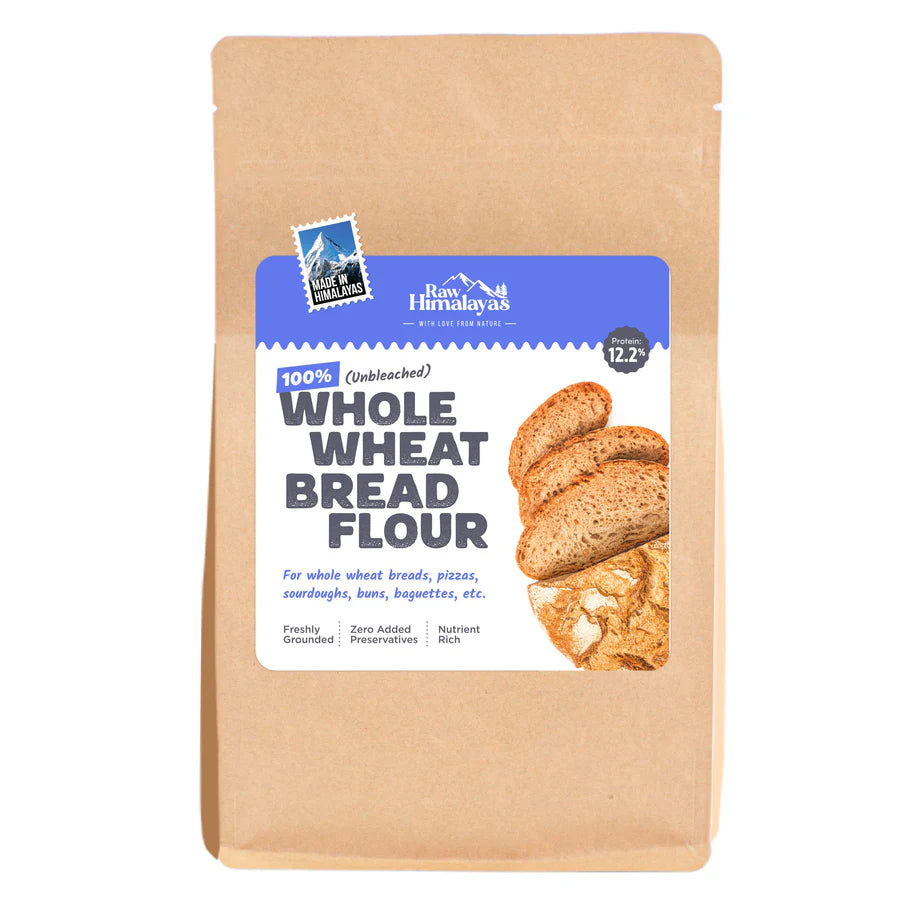 Bread Flour | Whole Wheat Bread Flour - For Whole Wheat Breads, Pizzas, Sourdoughs, Buns, Baguettes - Unbleached - 12.2% Protein - Natural – Zero Added Preservatives – Raw Himalayas – 1000gm