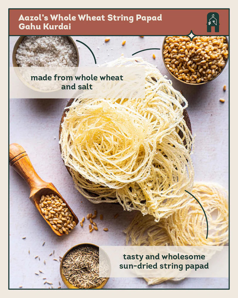 Papad | Whole Wheat String Papad - Gahu Kurdai - No Added Preservatives - Aazol - 100gm