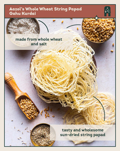 Papad | Whole Wheat String Papad - Gahu Kurdai - No Added Preservatives - Aazol - 100gm
