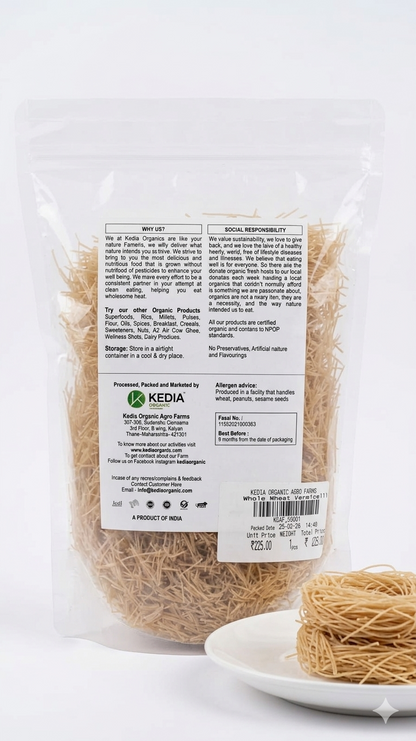 Vermicelli |Whole Wheat Vermicelli (Seviyan)- 100 % Organic &amp; Farm Fresh - No Preservatives, Artificial Colours &amp; No Added Flavours - Kedia Organic - 250gm