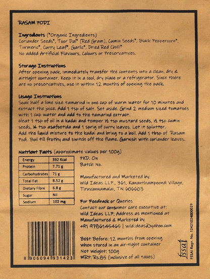 Rasam Podi | Shortcuts Rasam Podi - Masala Powder For Rasam - Traditional Ground Spices For Easy Authentic Cooking - All Natural - No Added Artificial Flavours, Colours Or No Preservatives - Wild Ideas - 100gm