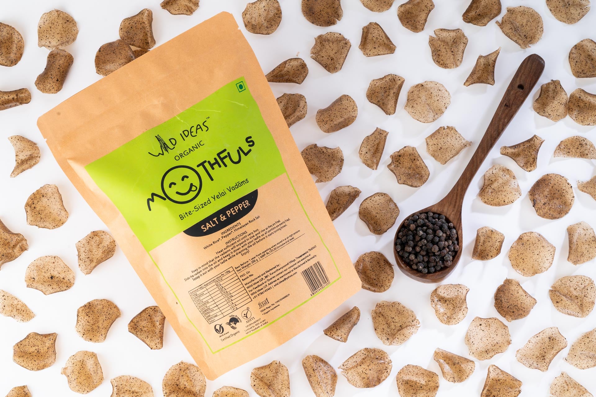 Yelai Vadams | Mouthfuls – Salt &amp; Pepper, Mini Yelai Vadam - Organic – No Artificial Colors, Preservatives, Additives Or No Flavors Added - Wild Ideas – 200gm