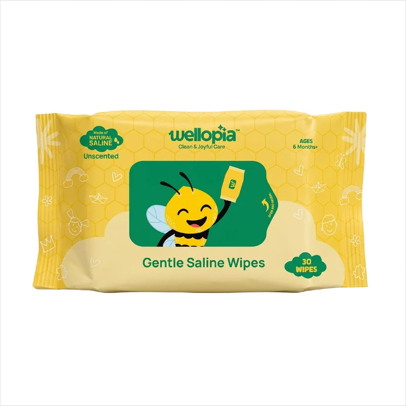 Wipes | Gentle Saline Wipes (Age 6 Months +) - Made Of Natural Saline (Unscented)-Safe for Repeated Use, No Parabens,No Alcohol – Wellopia- ( Single Pack x 30wipes)