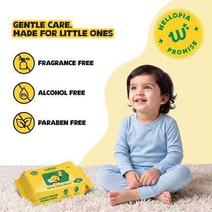 Wipes  | Gentle Saline Wipes (Age 6 Months +)  - Made Of Natural Saline (Unscented)-Safe for Repeated Use, No Parabens,No Alcohol – Wellopia- ( Single Pack x 30wipes)