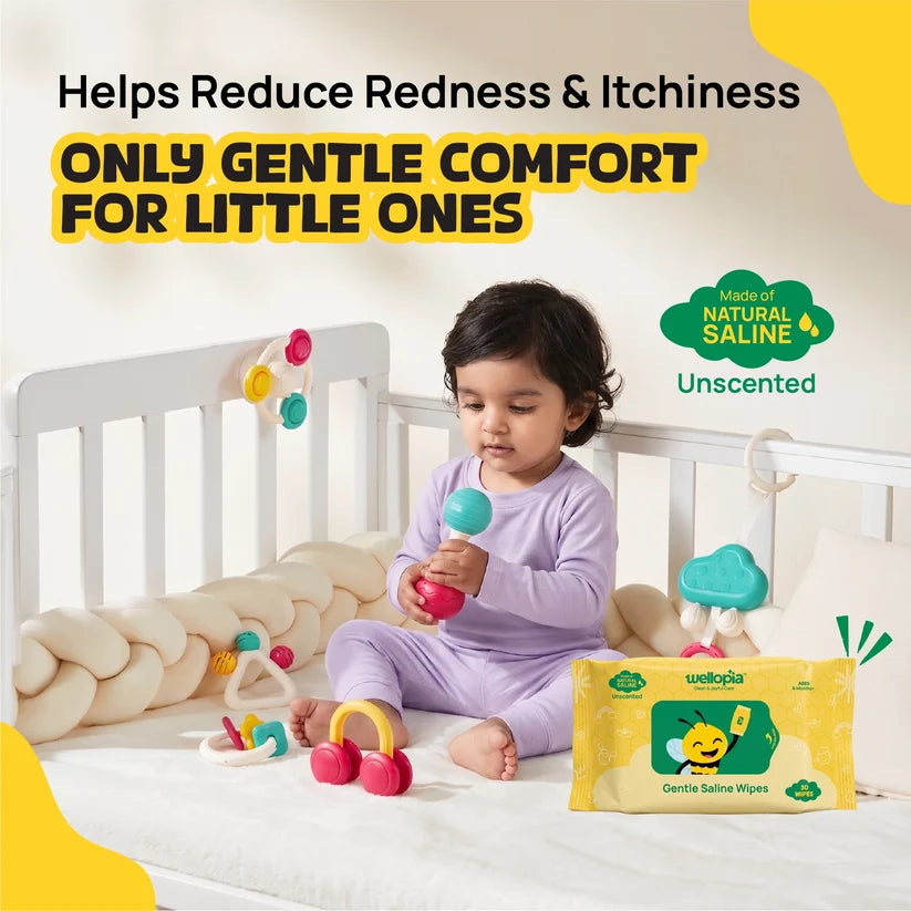 Wipes  | Gentle Saline Wipes (Age 6 Months +)  - Made Of Natural Saline (Unscented)-Safe for Repeated Use, No Parabens,No Alcohol – Wellopia- ( Single Pack x 30wipes)