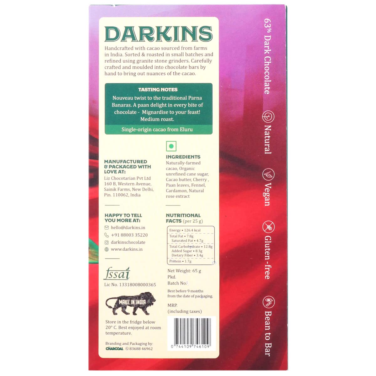 Dark Chocolate | 63% Dark Chocolate With Paan - Bean To Bar - Natural - Vegan &amp;amp; Gluten Free - Darkins – 50gm
