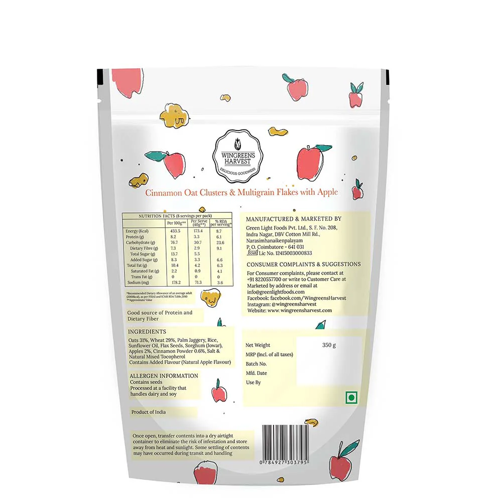 Cinnamon Oat Clusters &amp; Multigrain Flakes with Apple - Wingreens harvest - 350 g