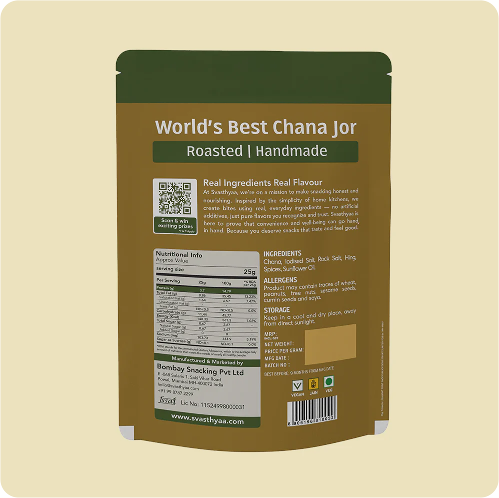 Chana Jor | 30g Protein - Roasted - Handmade - Vegan, Gluten Free, Jain Friendly, No Maida, No Palm Oil, High In Fibre And Protein - Svasthyaa - 200gm