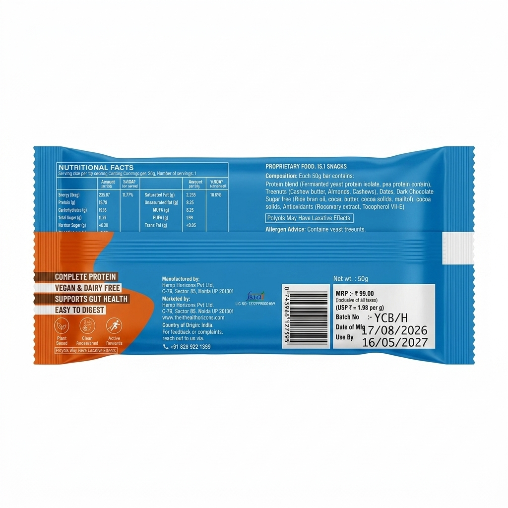 Bar | Yeast Protein Choco Brownie Bar (15g Protein)-Easy To Digest -Vegan &amp; Dairy Free- Zero Drama - No Added Sugar, &amp;amp; No Added Preservatives -Health Horizons-50gm