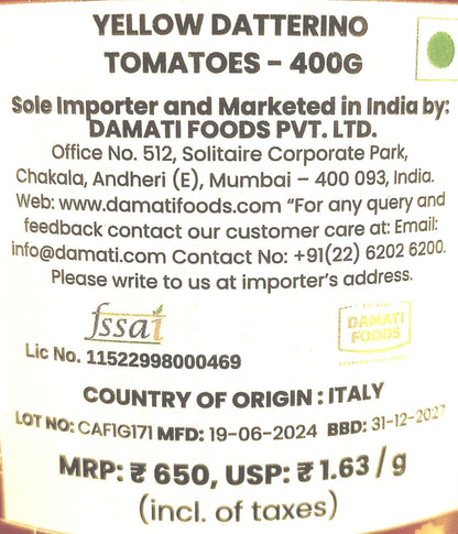 Puree | Yellow Cherry Datterino Tomatoes (Datterini Gialli di Puglia) - 100% Natural Ingredients - Gluten Free, No Flavor &amp; No Added Preservatives - Rosso Gargano - 400gm