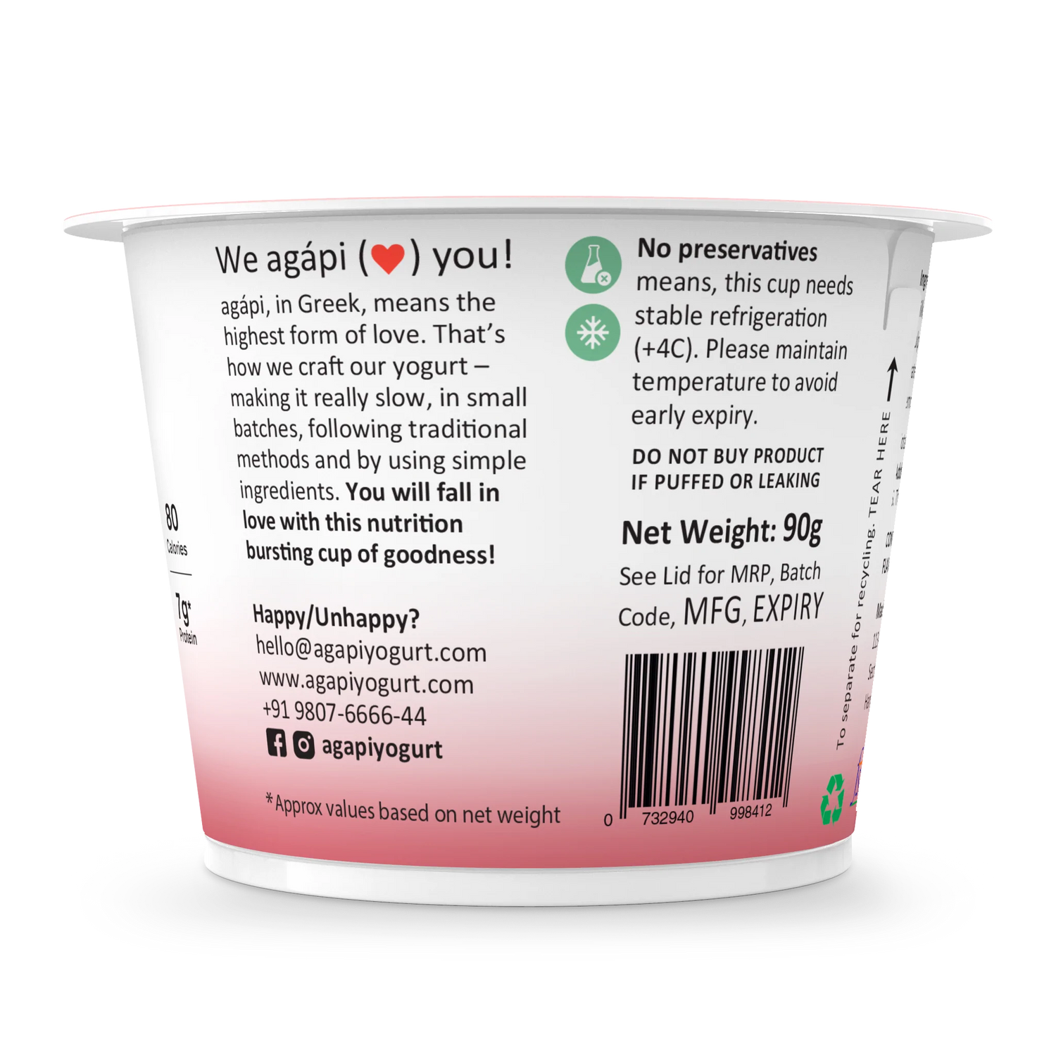 Yogurt | Strawberry Greek – High In Protein, Lowest Added Sugar, No Preservatives, No Colors &amp; No Artificial Ingredients – Agapi – 90gm