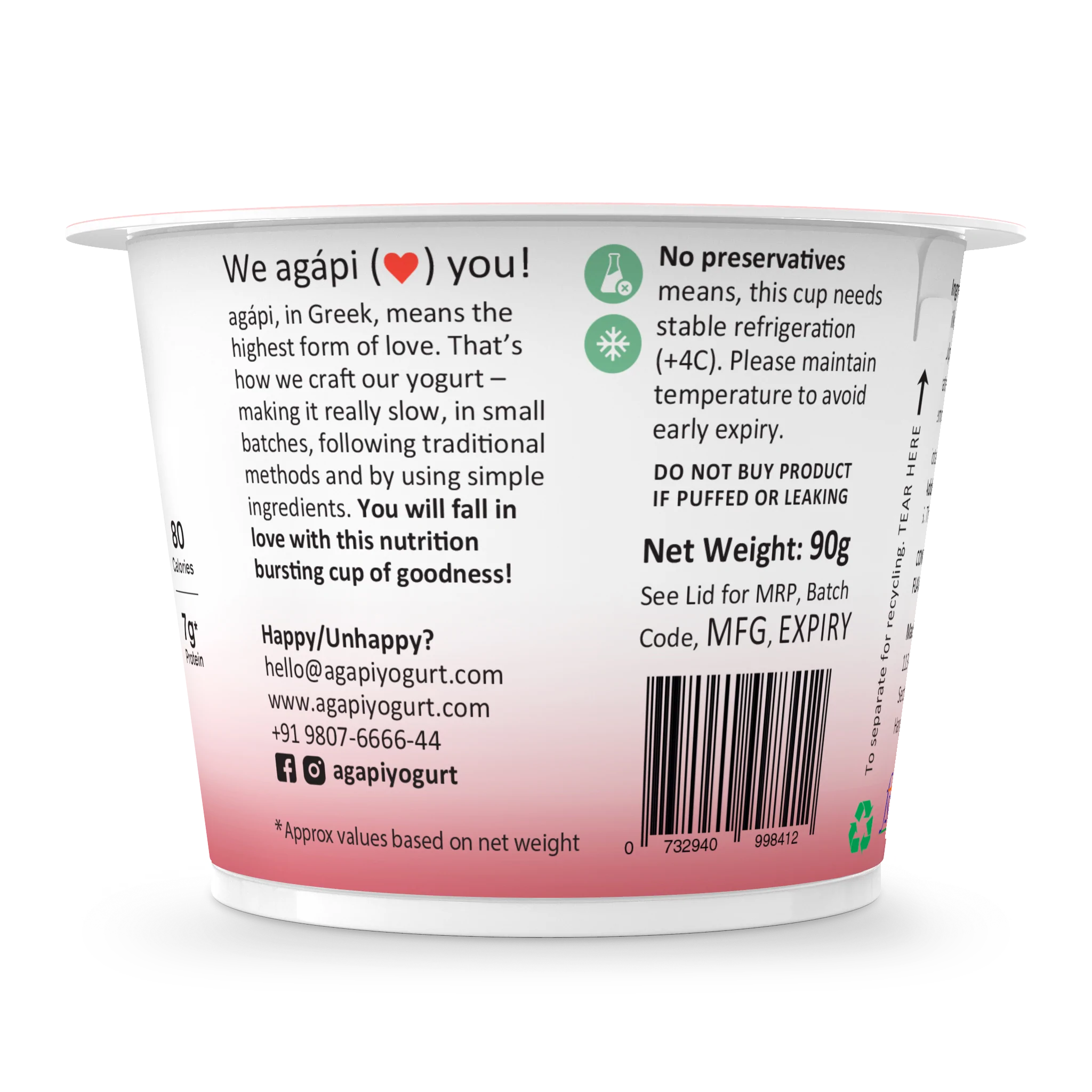 Yogurt | Strawberry Greek – High In Protein, Lowest Added Sugar, No Preservatives, No Colors &amp; No Artificial Ingredients – Agapi – 90gm