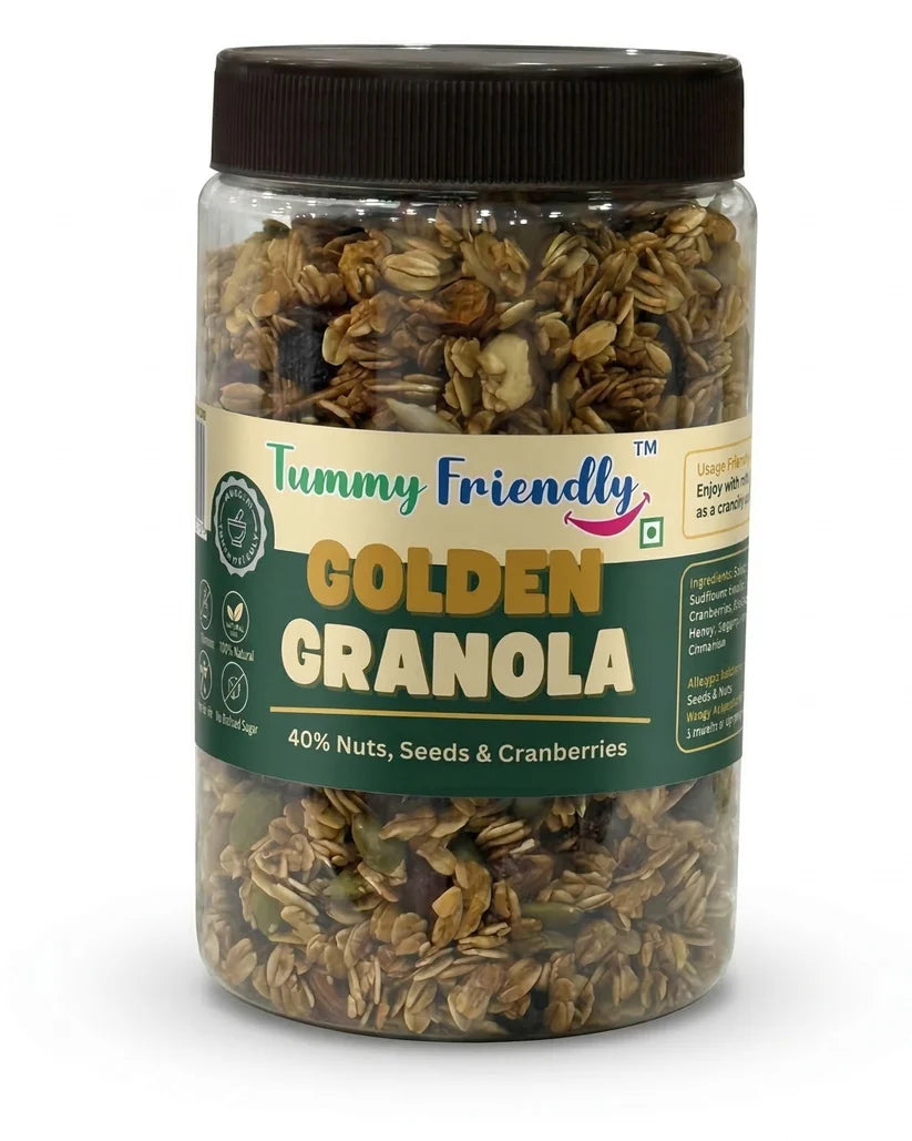 Granola | Golden Granola (40% Nuts, Seeds, &amp; Cranberries )-100% Natutral  -No Palm Oil,  No Added Refined Sugar, Zero Trans Fats - Tummy Friendly - 400gm