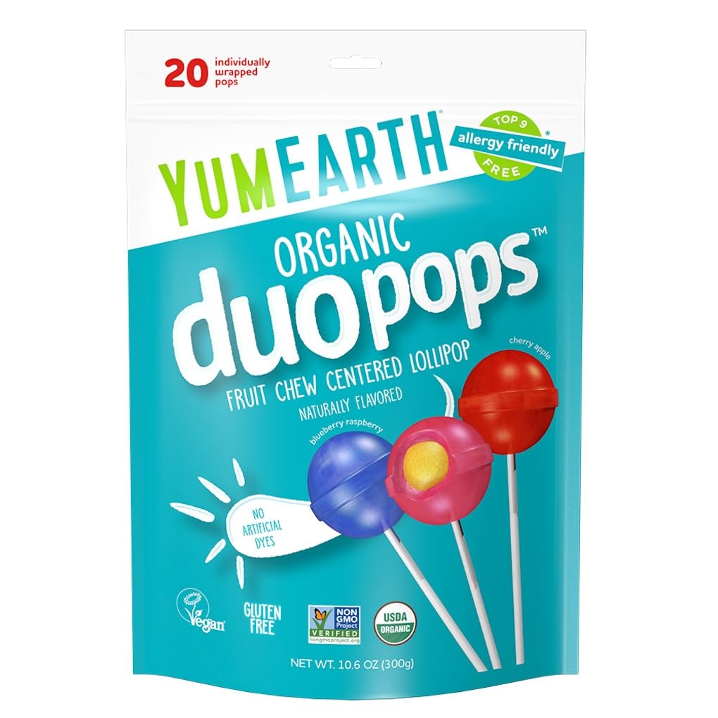 Candy | Duo Pops - USDA Organic - Vegan, Gluten Free, Non GMO &amp; No High Fructose Corn Syrup Or No Artificial Dyes - Yum Earth - 20 Wrapped Pops - 300gm
