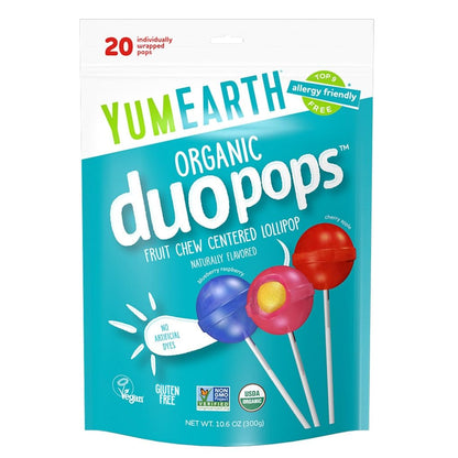 Candy | Duo Pops - USDA Organic - Vegan, Gluten Free, Non GMO &amp; No High Fructose Corn Syrup Or No Artificial Dyes - Yum Earth - 20 Wrapped Pops - 300gm