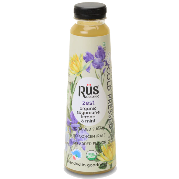 Zest – Sugarcane, Lemon &amp;amp; Mint Juice – Cold Pressed – USDA Organic - Indian - No Added Sugar - Rus Organic – 500ml