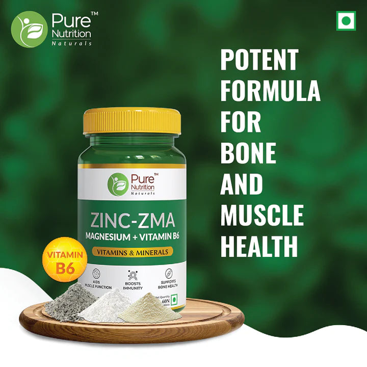 Zinc - Zma | Magnesium + Vitamin B6 (Vitamin &amp; Minerals) - Aids Muscle Function, Boosts Immunity &amp;amp; Support Bone Health - Pure Nutrition - (800mg) - 60 Capsules
