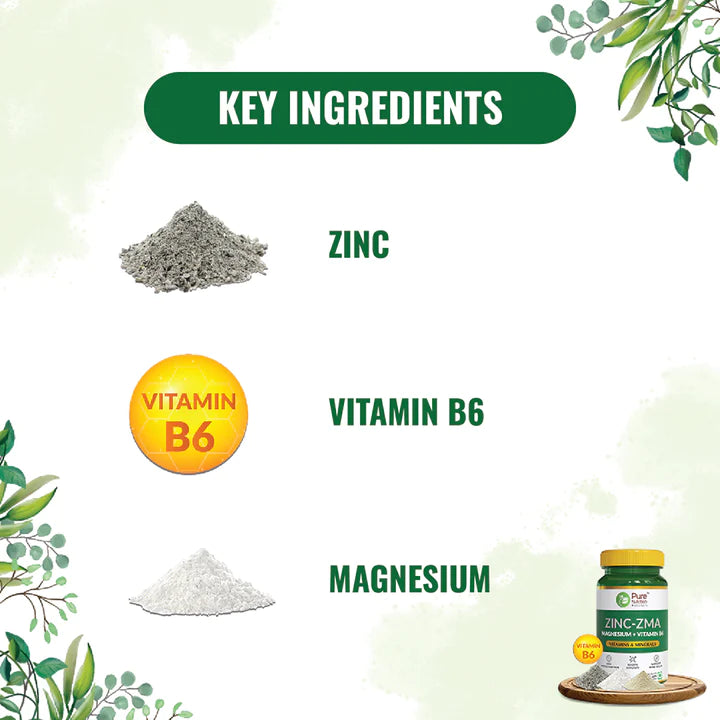 Zinc - Zma | Magnesium + Vitamin B6 (Vitamin &amp; Minerals) - Aids Muscle Function, Boosts Immunity &amp;amp; Support Bone Health - Pure Nutrition - (800mg) - 60 Capsules