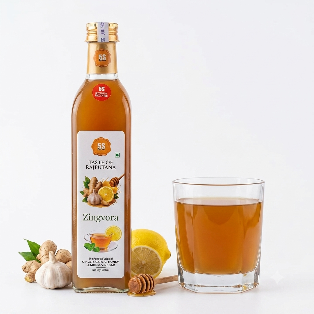 Sharbat | Zingvora ( Ginger, Garlic, Honey, Lemon &amp; Ginger ) - Taste Of Rajputana - No Added Artificial Colors, Distillation &amp; No Added Preservatives – 5S Farm – 500ml