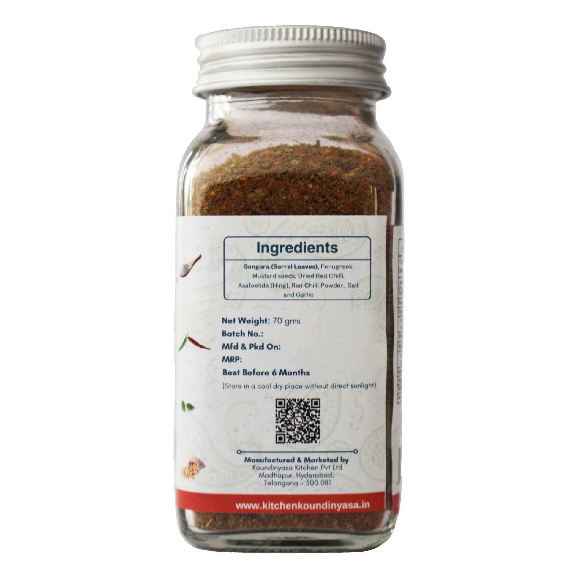 Seasoning | Zingy Gongura Podi - Spice Blends  - No Added  Flavours, Sugar, Colour  &amp; Preservatives Free  - Kitchen Koundinyasa - 75 gm