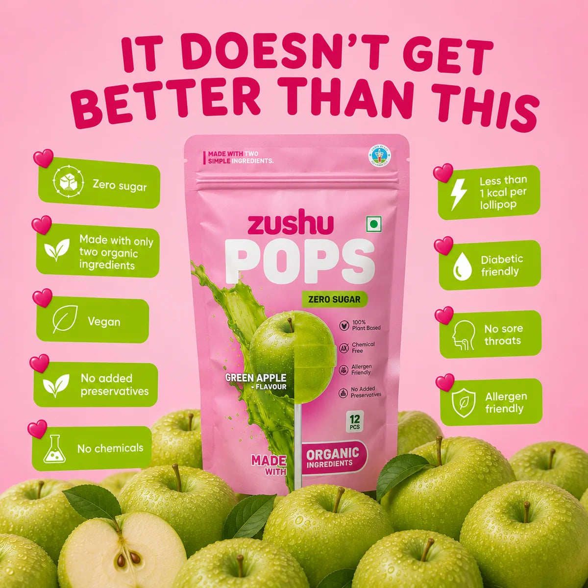 Lollipops | Pops Green Apple Flavour  (Zero Sugar) -Vegan- Made With Organic Ingredients - 100% Plant Based , Chemical Free, No Refined Sugar- Zushu - 12Pops - 120gm