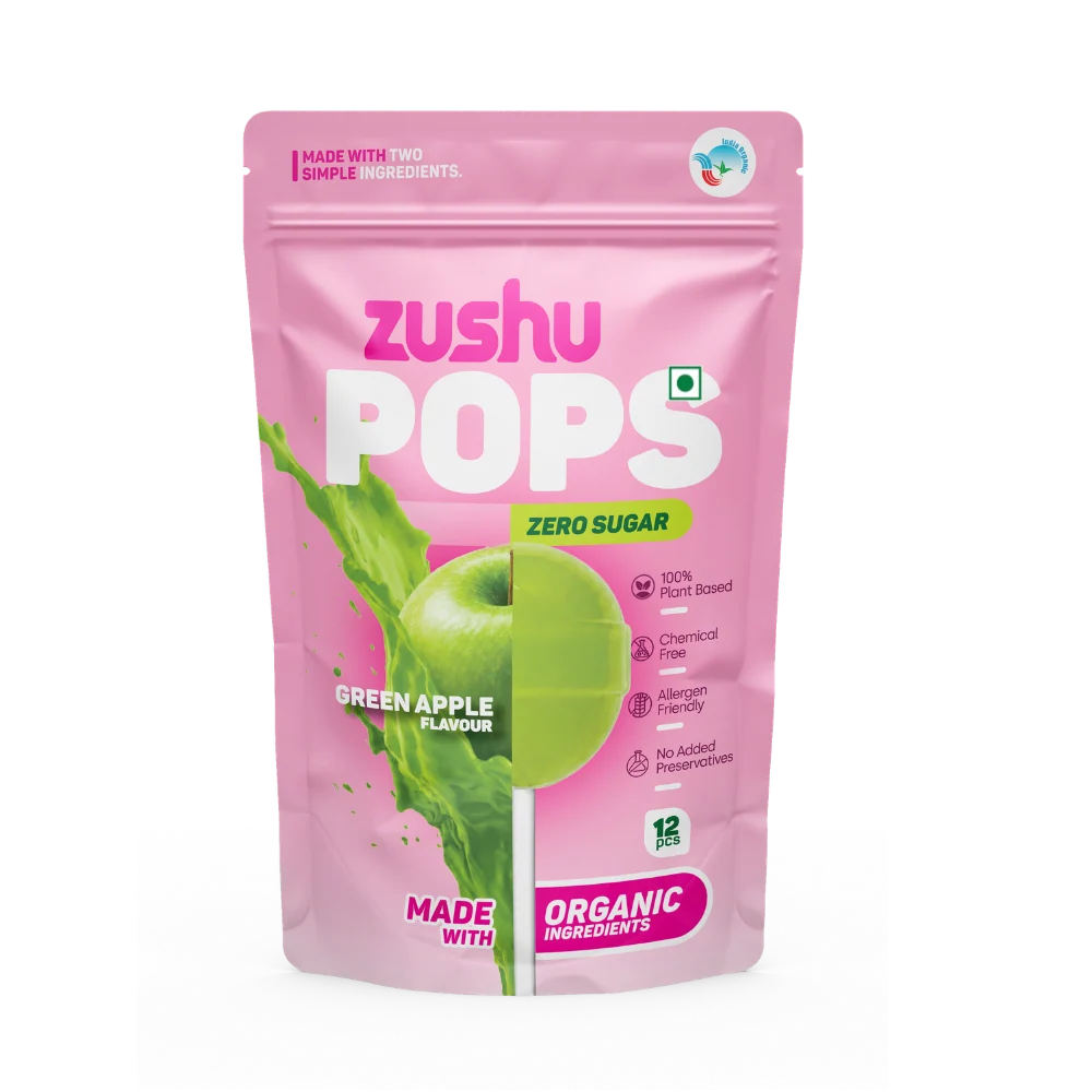 Lollipops | Pops Green Apple Flavour  (Zero Sugar) -Vegan- Made With Organic Ingredients - 100% Plant Based , Chemical Free, No Refined Sugar- Zushu - 12Pops - 120gm