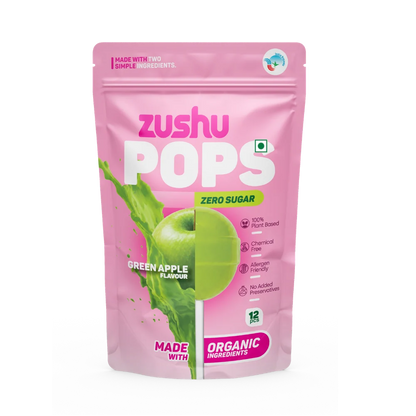 Lollipops | Pops Green Apple Flavour  (Zero Sugar) -Vegan- Made With Organic Ingredients - 100% Plant Based , Chemical Free, No Refined Sugar- Zushu - 12Pops - 120gm
