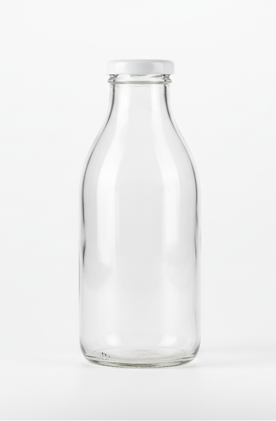 A clean, transparent glass milk bottle standing upright on a plain white background. No label, no text, no branding. The bottle should have a simple shape similar to classic dairy bottles, with a smooth surface and a white cap. Well-lit, high-resolution product-style photograph.
